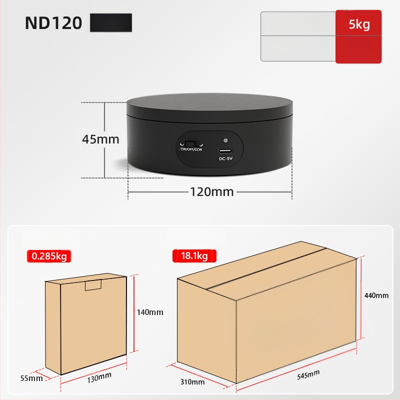 Turntable king elektrinis besisukantis fotografinis staliukas ND120 – plastmasinis korpusas, apkrova 2–5 kg, tinkamas vaizdo įrašams ir ekspozicijoms