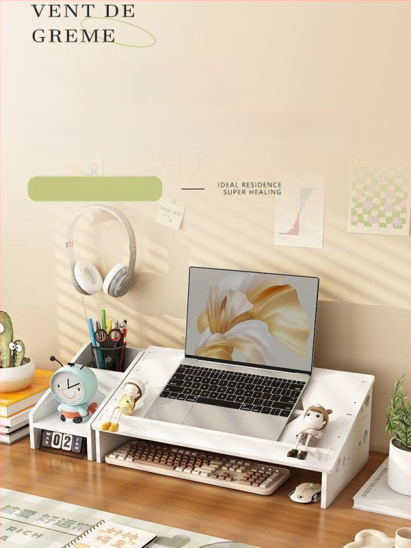 Datora klēpjdatora dzesēšanas statīvs ar regulējamu galda augstumu, kakla atbalstu un uzglabāšanas plauktu