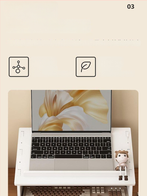 Datora klēpjdatora dzesēšanas statīvs ar regulējamu galda augstumu, kakla atbalstu un uzglabāšanas plauktu