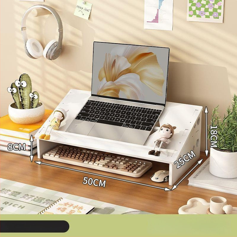 Datora klēpjdatora dzesēšanas statīvs ar regulējamu galda augstumu, kakla atbalstu un uzglabāšanas plauktu