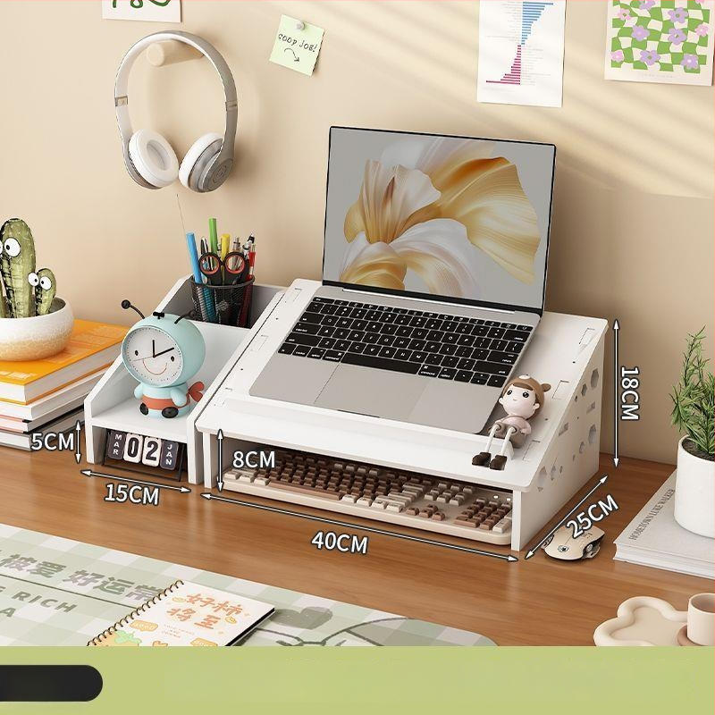 Datora klēpjdatora dzesēšanas statīvs ar regulējamu galda augstumu, kakla atbalstu un uzglabāšanas plauktu