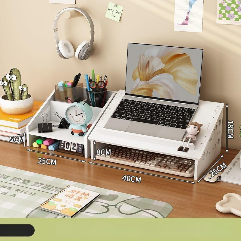 Datora klēpjdatora dzesēšanas statīvs ar regulējamu galda augstumu, kakla atbalstu un uzglabāšanas plauktu