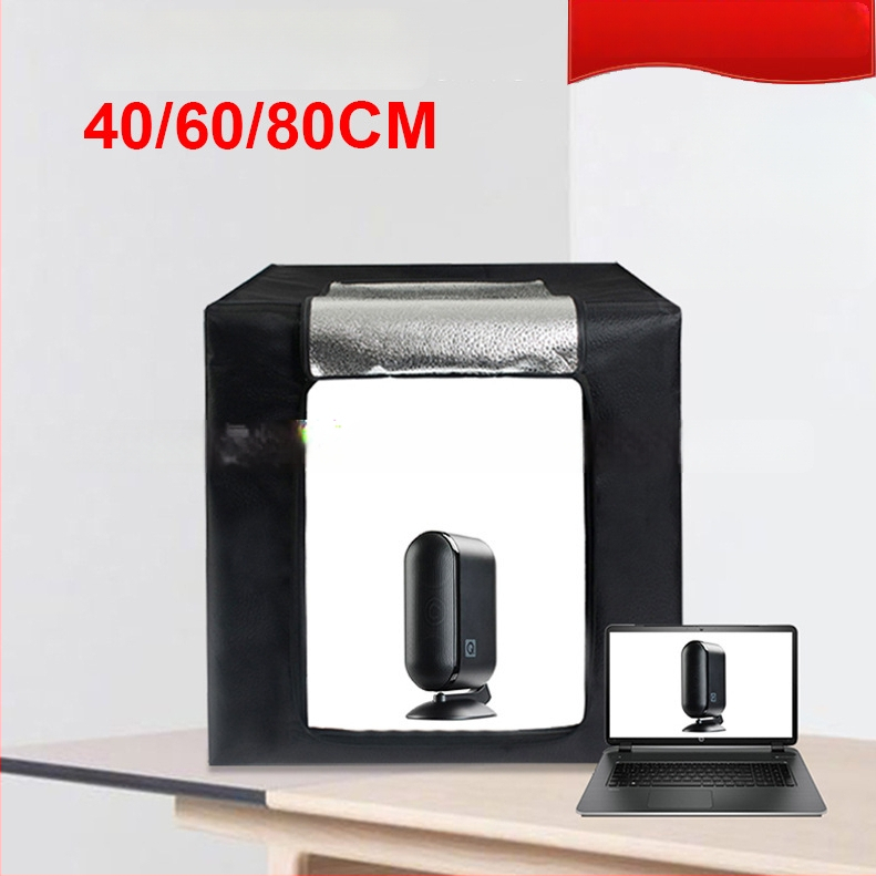 LED šviesos dėžė studijai – sulankstoma, nešiojama švelniu apšvietimu still life fotografijoms; konstrukcija iš aliuminio plėvelės ir Oxford audinio; svoris 2,5/4/5,8 kg