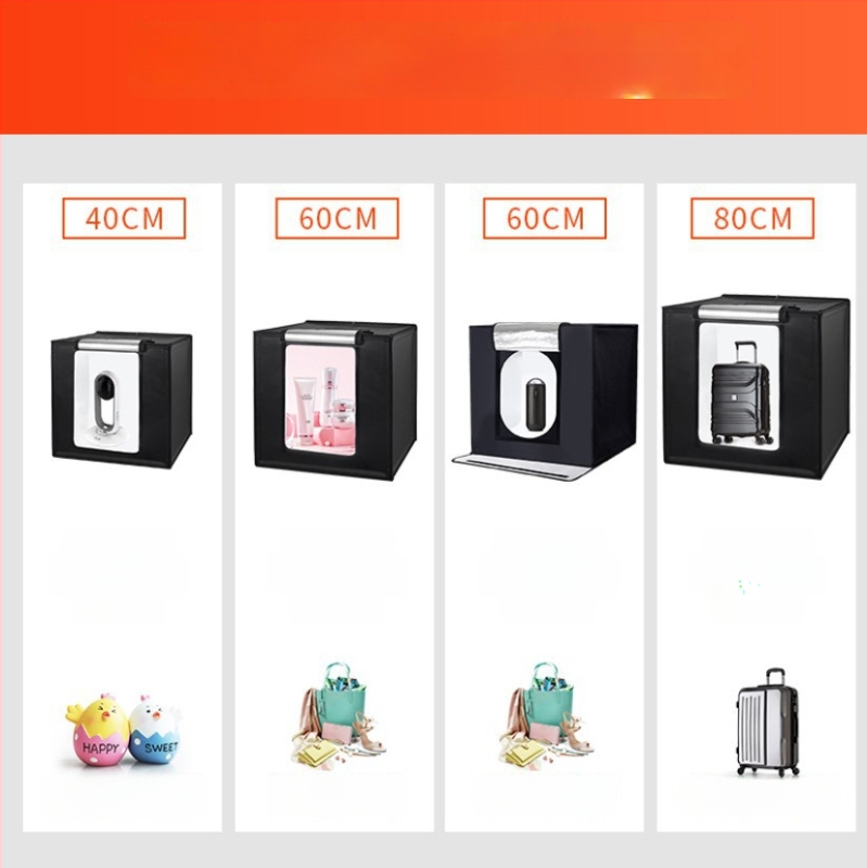 LED šviesos dėžė studijai – sulankstoma, nešiojama švelniu apšvietimu still life fotografijoms; konstrukcija iš aliuminio plėvelės ir Oxford audinio; svoris 2,5/4/5,8 kg