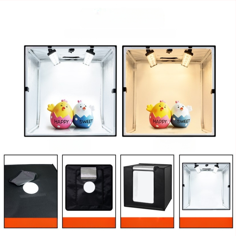 LED šviesos dėžė studijai – sulankstoma, nešiojama švelniu apšvietimu still life fotografijoms; konstrukcija iš aliuminio plėvelės ir Oxford audinio; svoris 2,5/4/5,8 kg