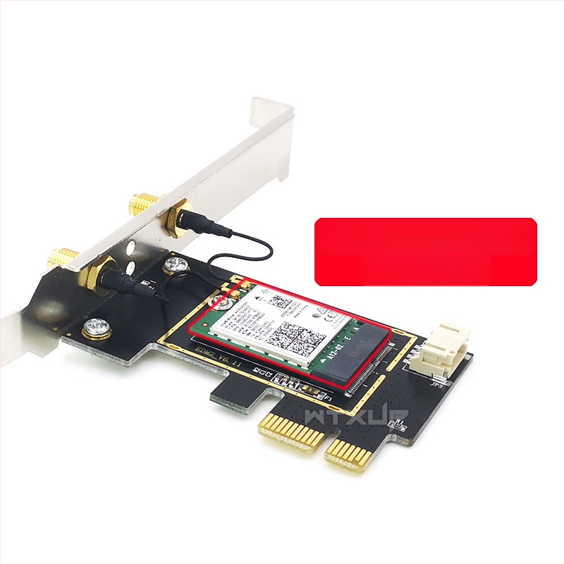 WTXUP NGFF M.2 към PCIe безжичен адаптер за мрежова карта, съвместим с 7260/8265/1650/1675X/AX200/AX210; включени: платка за прехвърляне, защитно покритие, свързващ кабел, винтове, Bluetooth кабел, антена; безжична карта не е включена