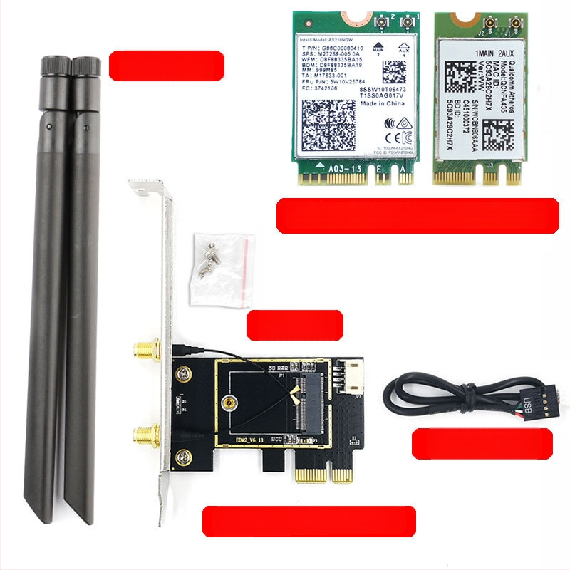 WTXUP NGFF M.2 към PCIe безжичен адаптер за мрежова карта, съвместим с 7260/8265/1650/1675X/AX200/AX210; включени: платка за прехвърляне, защитно покритие, свързващ кабел, винтове, Bluetooth кабел, антена; безжична карта не е включена