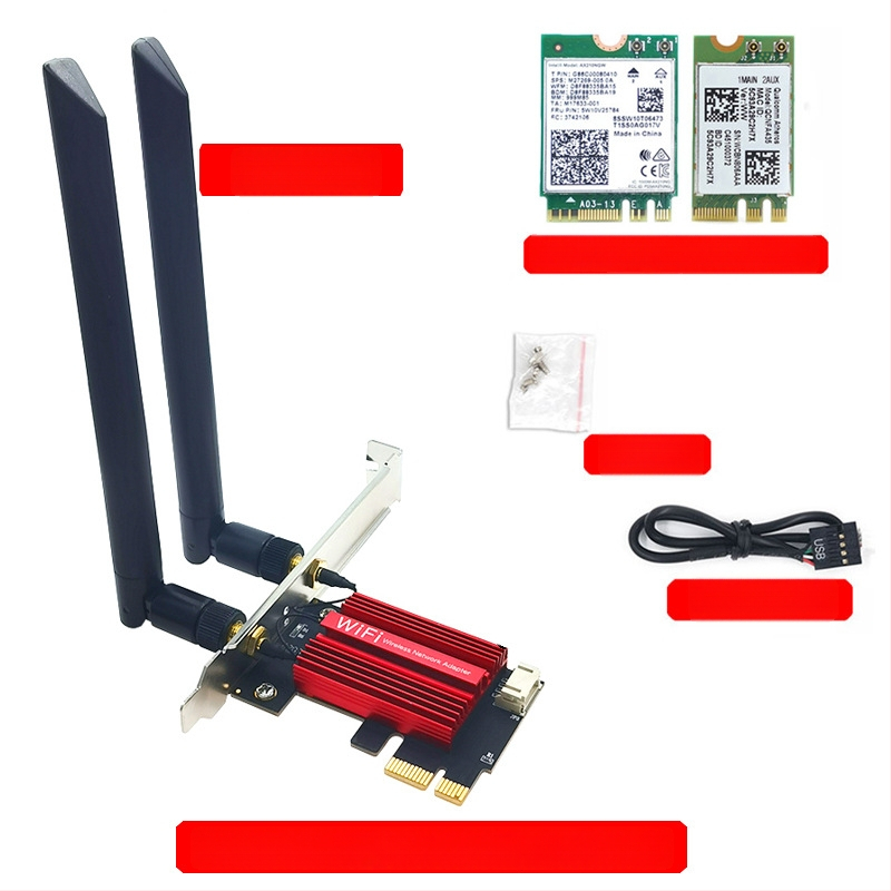 WTXUP NGFF M.2 към PCIe безжичен адаптер за мрежова карта, съвместим с 7260/8265/1650/1675X/AX200/AX210; включени: платка за прехвърляне, защитно покритие, свързващ кабел, винтове, Bluetooth кабел, антена; безжична карта не е включена