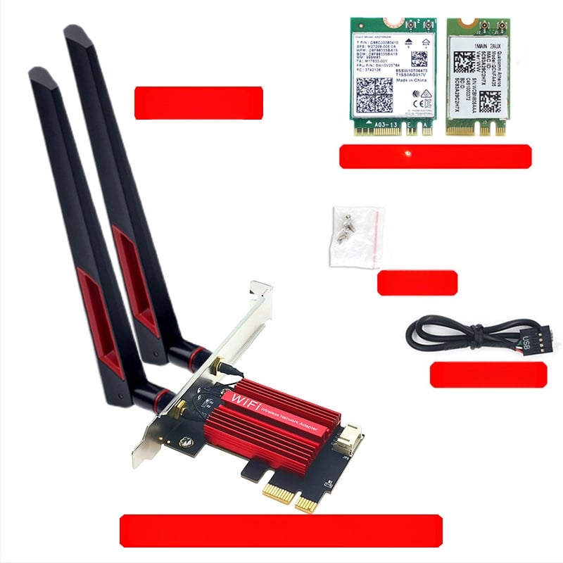 WTXUP NGFF M.2 към PCIe безжичен адаптер за мрежова карта, съвместим с 7260/8265/1650/1675X/AX200/AX210; включени: платка за прехвърляне, защитно покритие, свързващ кабел, винтове, Bluetooth кабел, антена; безжична карта не е включена