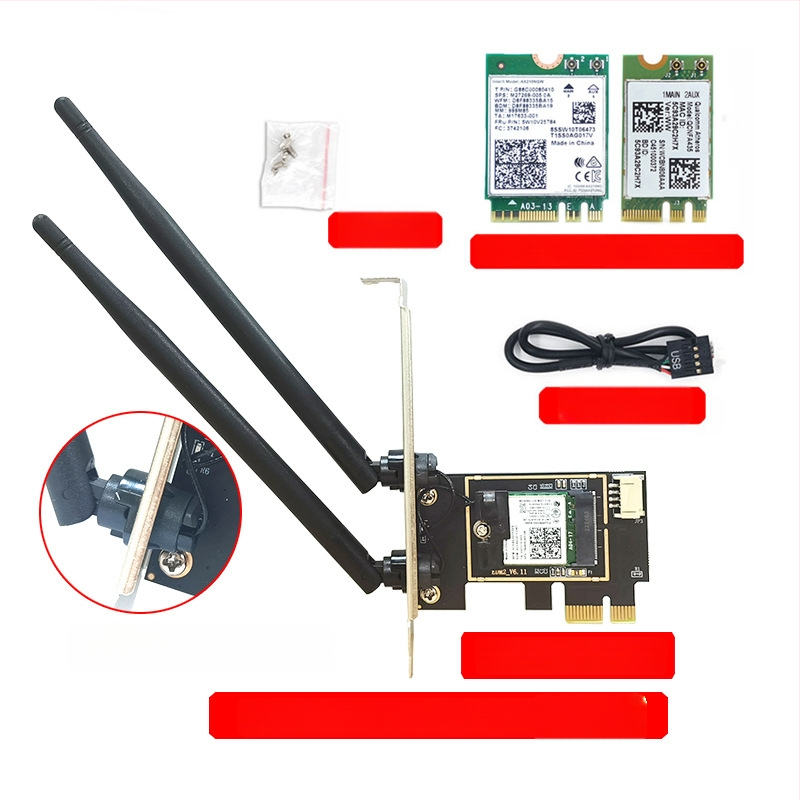 WTXUP NGFF M.2 към PCIe безжичен адаптер за мрежова карта, съвместим с 7260/8265/1650/1675X/AX200/AX210; включени: платка за прехвърляне, защитно покритие, свързващ кабел, винтове, Bluetooth кабел, антена; безжична карта не е включена