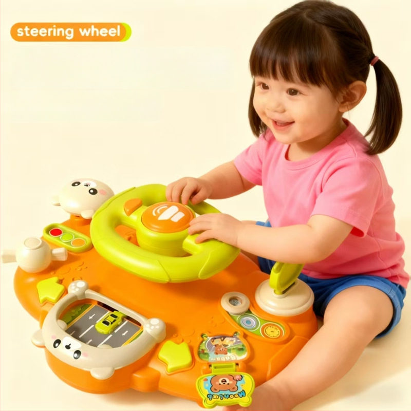 Игрален волан за количка – светлинни ефекти, музика/глас и игри за родител-дете; пластмасов материал; захранване с сухи батерии; подходящ за деца 0–3 години