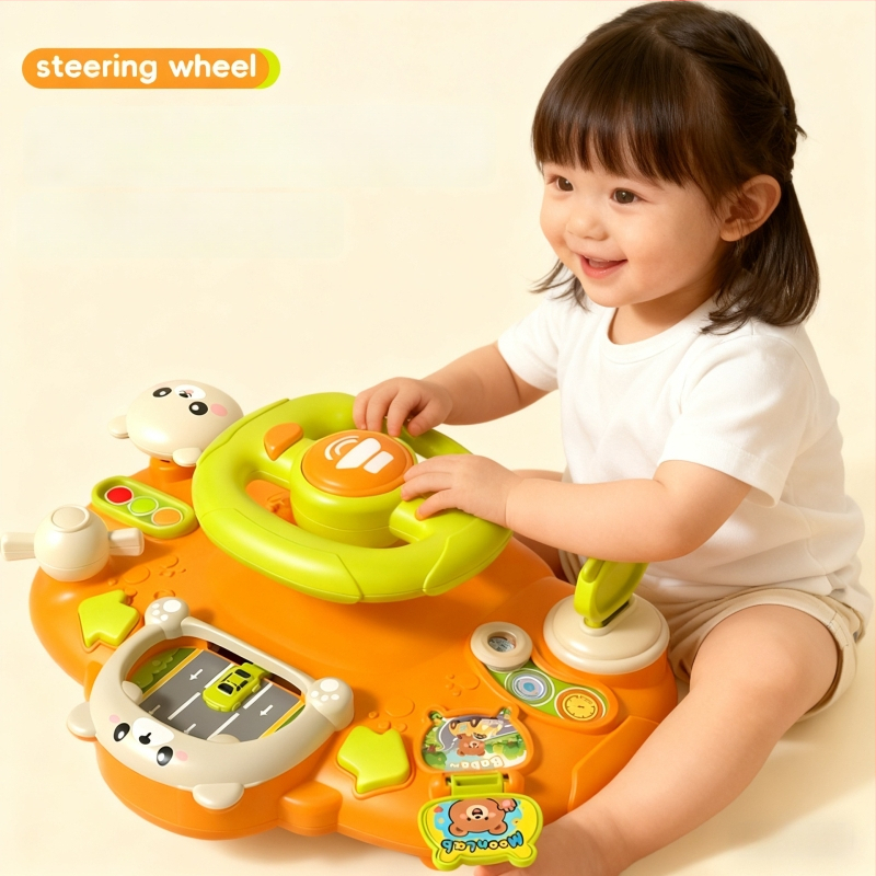 Игрален волан за количка – светлинни ефекти, музика/глас и игри за родител-дете; пластмасов материал; захранване с сухи батерии; подходящ за деца 0–3 години