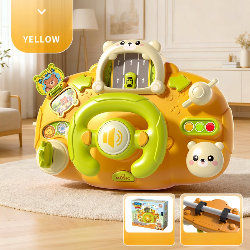 Игрален волан за количка – светлинни ефекти, музика/глас и игри за родител-дете; пластмасов материал; захранване с сухи батерии; подходящ за деца 0–3 години