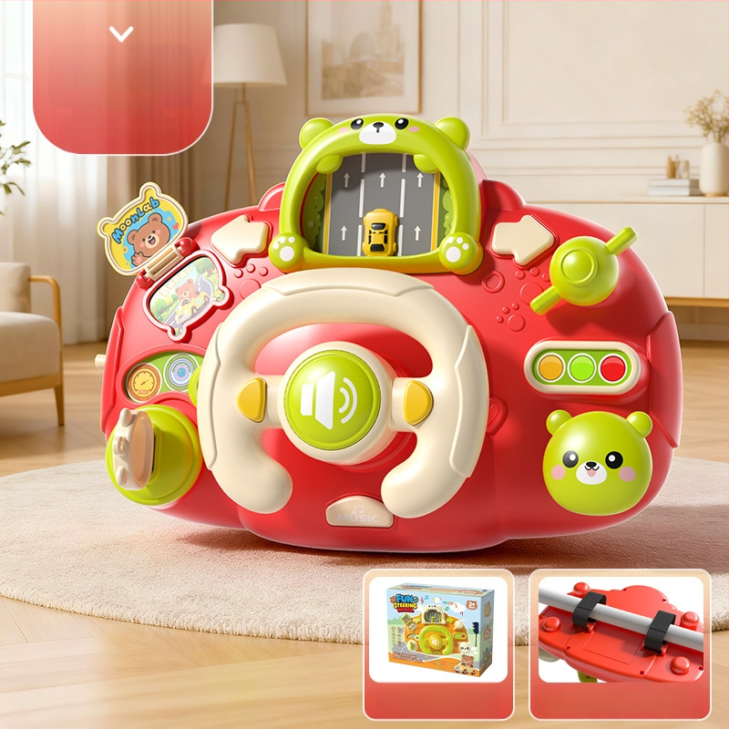 Игрален волан за количка – светлинни ефекти, музика/глас и игри за родител-дете; пластмасов материал; захранване с сухи батерии; подходящ за деца 0–3 години