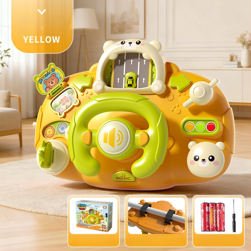 Игрален волан за количка – светлинни ефекти, музика/глас и игри за родител-дете; пластмасов материал; захранване с сухи батерии; подходящ за деца 0–3 години