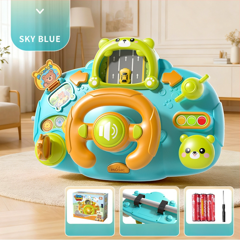 Игрален волан за количка – светлинни ефекти, музика/глас и игри за родител-дете; пластмасов материал; захранване с сухи батерии; подходящ за деца 0–3 години