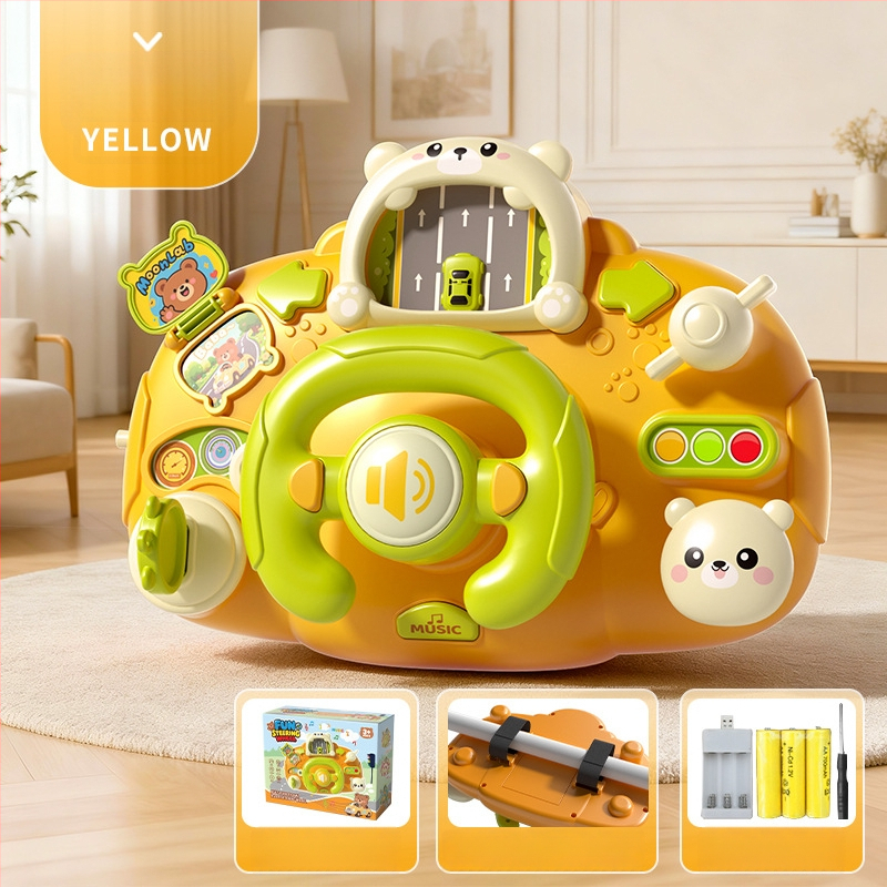 Игрален волан за количка – светлинни ефекти, музика/глас и игри за родител-дете; пластмасов материал; захранване с сухи батерии; подходящ за деца 0–3 години