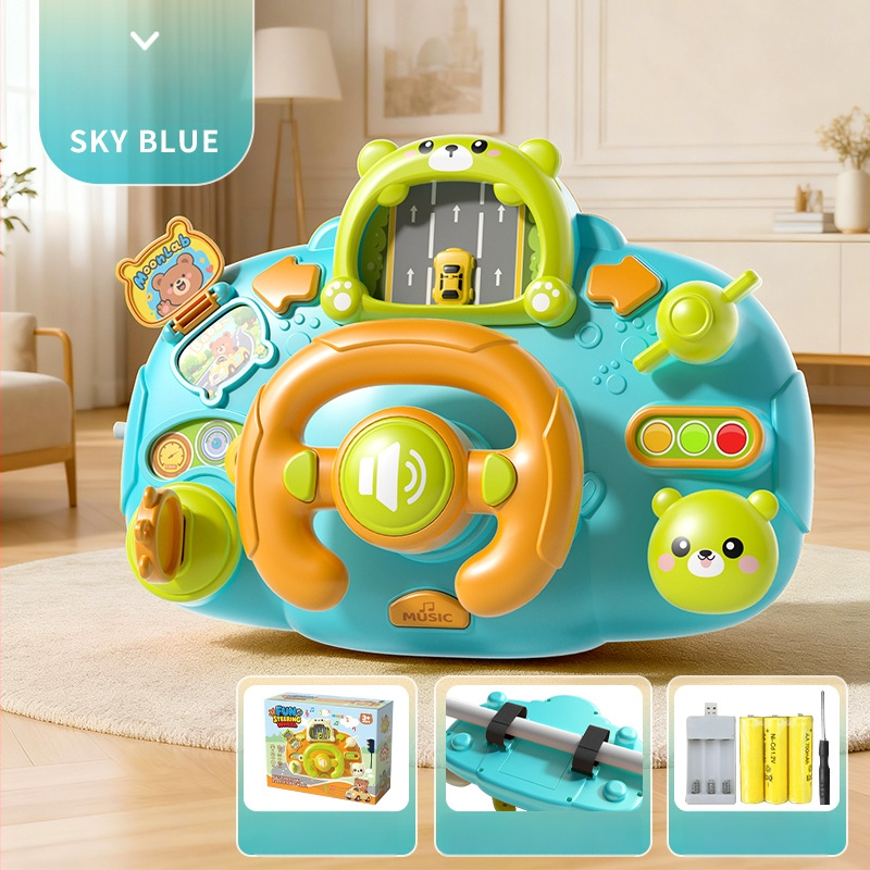 Игрален волан за количка – светлинни ефекти, музика/глас и игри за родител-дете; пластмасов материал; захранване с сухи батерии; подходящ за деца 0–3 години