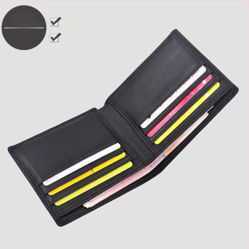 Vyrinė trumpa odinė piniginė su rankų austu avies odos įdėklu, plonas dviejų skyrių dizainas