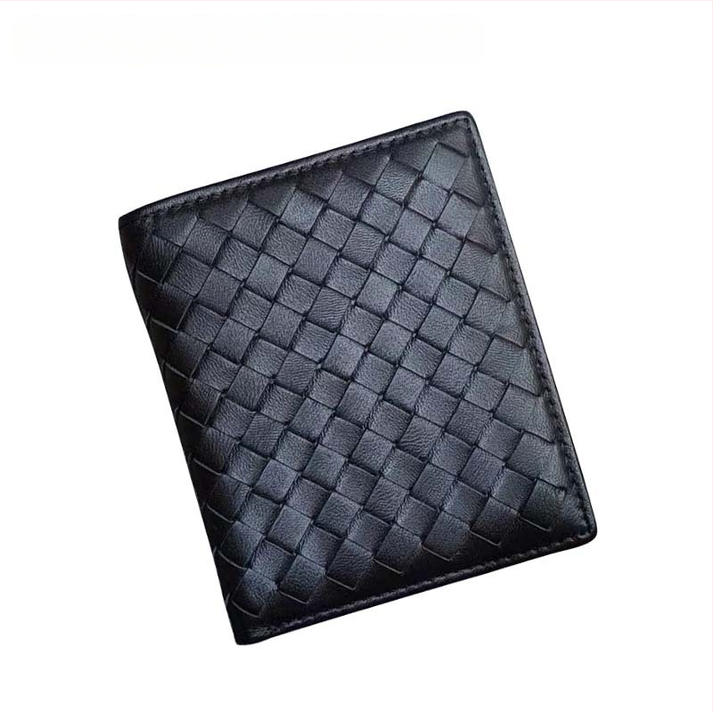 Vyrinė trumpa odinė piniginė su rankų austu avies odos įdėklu, plonas dviejų skyrių dizainas