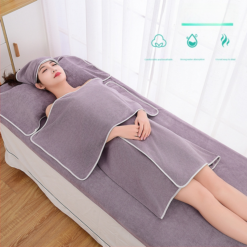 Grožio salono rankšluosčių komplektas su turbanu, krūtinės rankšluosčiu ir vonios rankšluosčiu; mikropluoštas 400 g; greitas džiūvimas; didelis sugeriamumas; logotipo spausdinimas galimas; 3 arba 5 dalių rinkinys