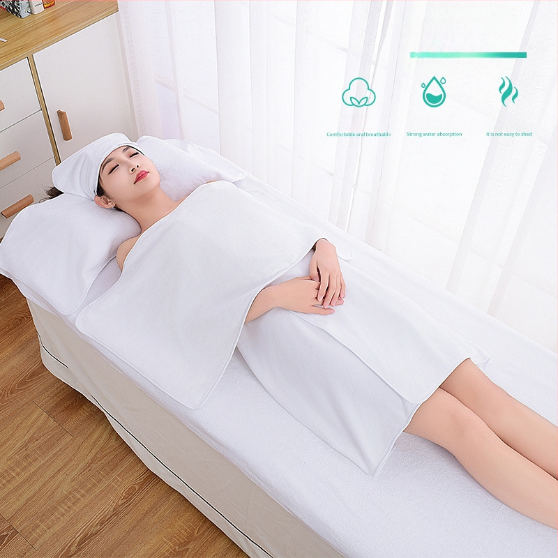 Grožio salono rankšluosčių komplektas su turbanu, krūtinės rankšluosčiu ir vonios rankšluosčiu; mikropluoštas 400 g; greitas džiūvimas; didelis sugeriamumas; logotipo spausdinimas galimas; 3 arba 5 dalių rinkinys