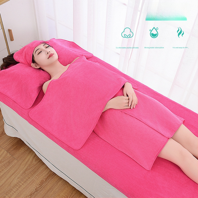 Grožio salono rankšluosčių komplektas su turbanu, krūtinės rankšluosčiu ir vonios rankšluosčiu; mikropluoštas 400 g; greitas džiūvimas; didelis sugeriamumas; logotipo spausdinimas galimas; 3 arba 5 dalių rinkinys