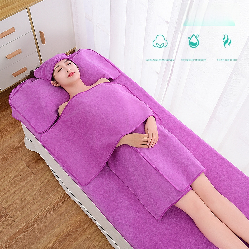 Grožio salono rankšluosčių komplektas su turbanu, krūtinės rankšluosčiu ir vonios rankšluosčiu; mikropluoštas 400 g; greitas džiūvimas; didelis sugeriamumas; logotipo spausdinimas galimas; 3 arba 5 dalių rinkinys