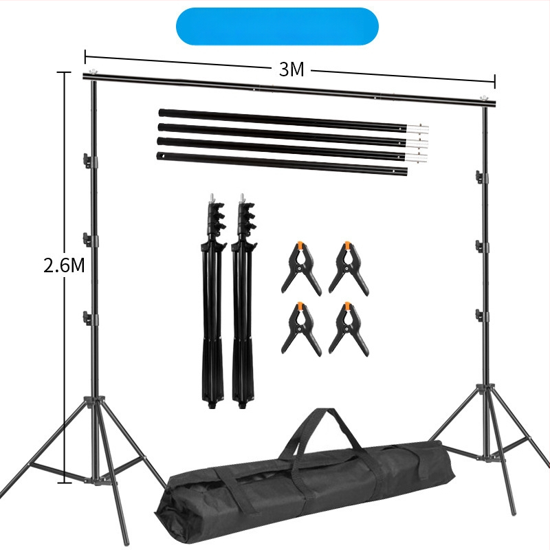 Fono rėmas produktų fotografavimui – metalinio/geležies vamzdžio rėmas; svoris 3 kg+; komplekte stovas, klipai ir krepšys
