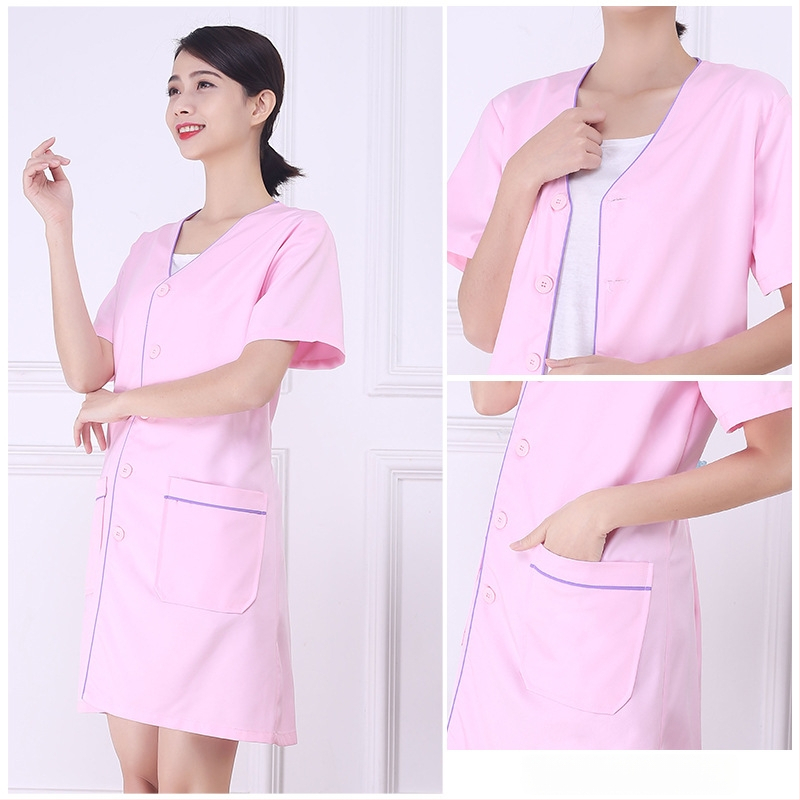 Uniszex koreai stílusú szépségszalon köntös, V-nyak, félhosszú ujjú, laza szabás, poliészter, olajálló és szennyeződésálló, bőrápolás és tetoválószalon számára