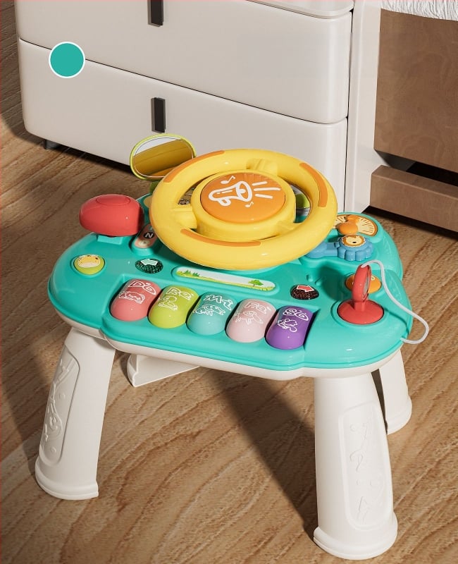 Мултифункционална маса със волан за ранно образование — пластмасова играчка, захранвана с батерии, музика и звуци, за деца 0–3 години