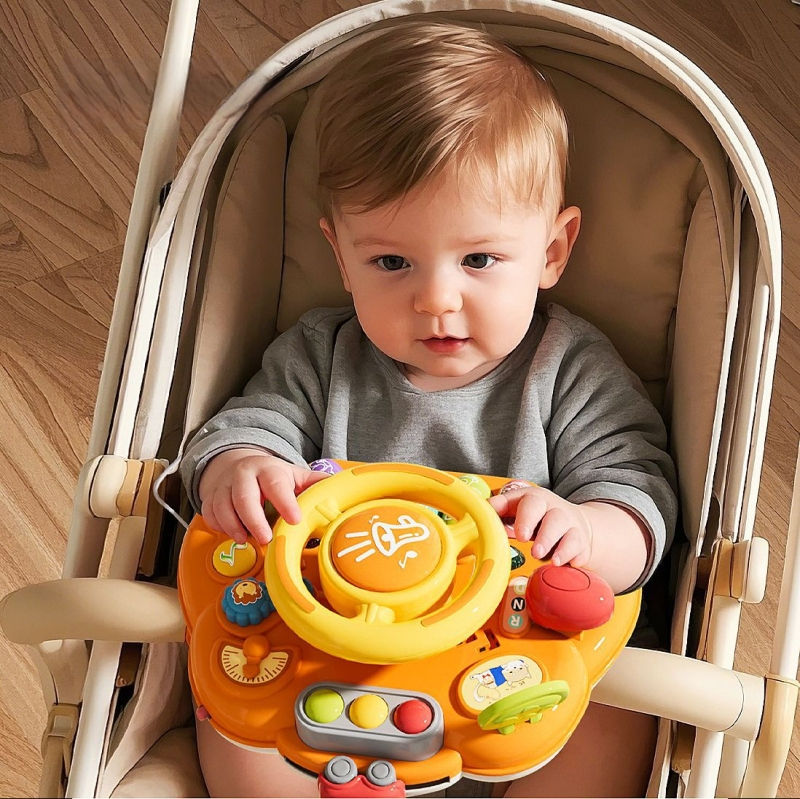 Мултифункционална маса със волан за ранно образование — пластмасова играчка, захранвана с батерии, музика и звуци, за деца 0–3 години