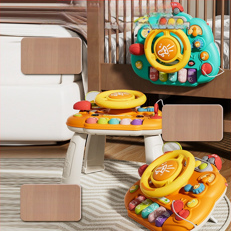 Мултифункционална маса със волан за ранно образование — пластмасова играчка, захранвана с батерии, музика и звуци, за деца 0–3 години