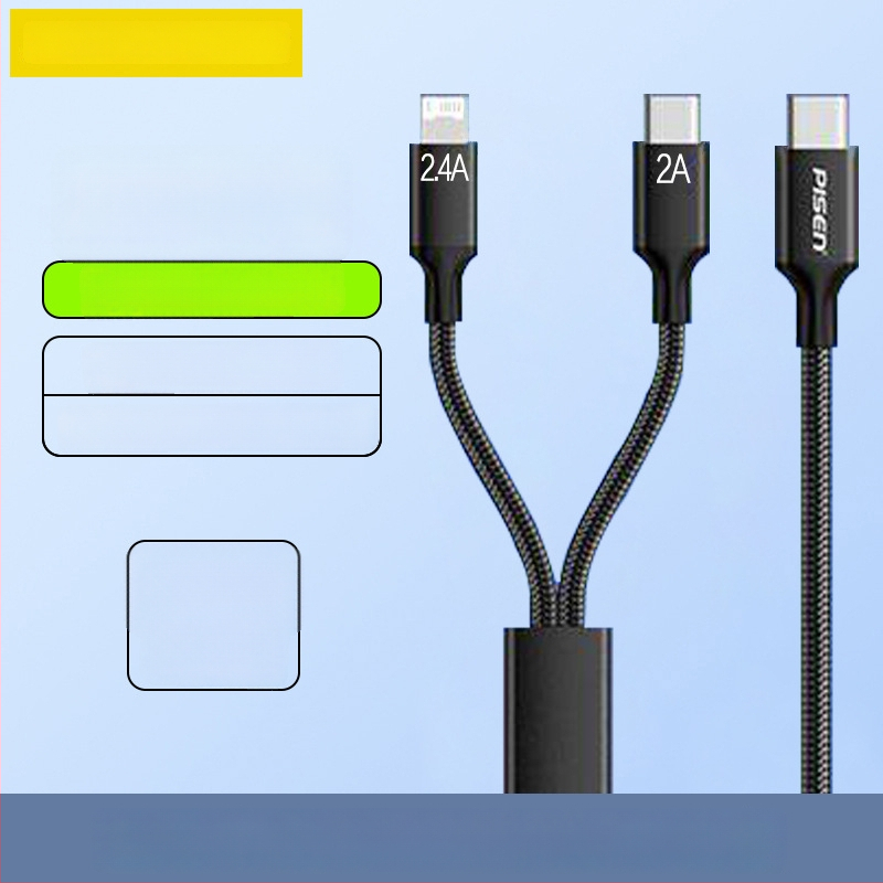 Pisen USB-C 2-σε-1 καλώδιο δεδομένων, γρήγορη φόρτιση, κράμα αλουμινίου, 100W ισχύς εξόδου, Type-C συνδετήρας