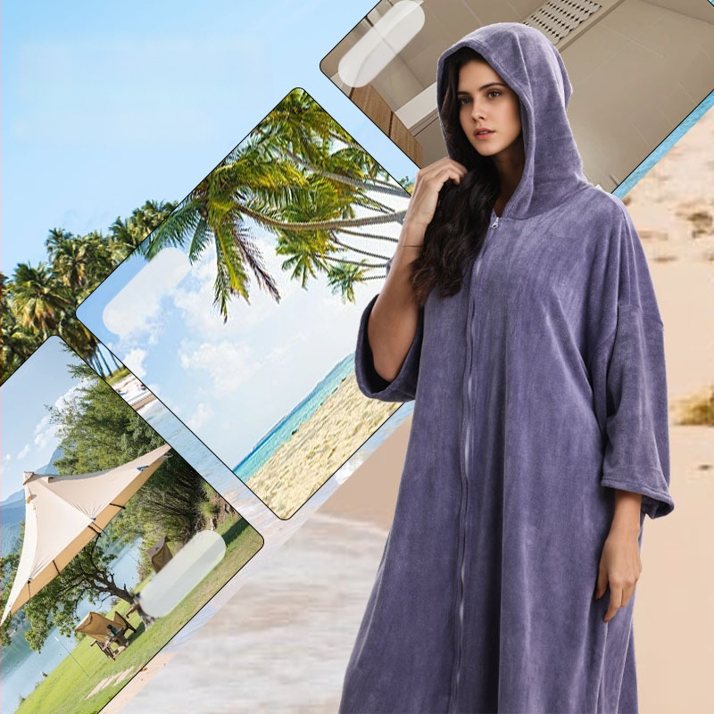 Unisex mikropluošto chalatas pončas su gobtuvu, greitai džiūstantis ir sugeriantis drėgmę, 400–500 g, 150d siūlai, plokščias audinys