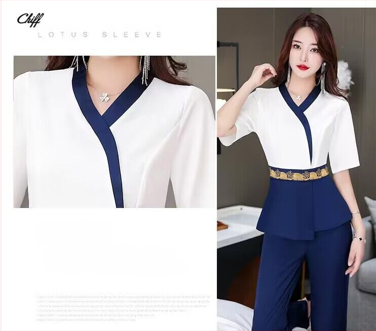 Lépfürdő-technikus egyenruha — felső V-nyakú, rövid ujjú, 3/4 hosszú nadrág, pamut-poliészter keverék, nedvességelvezető