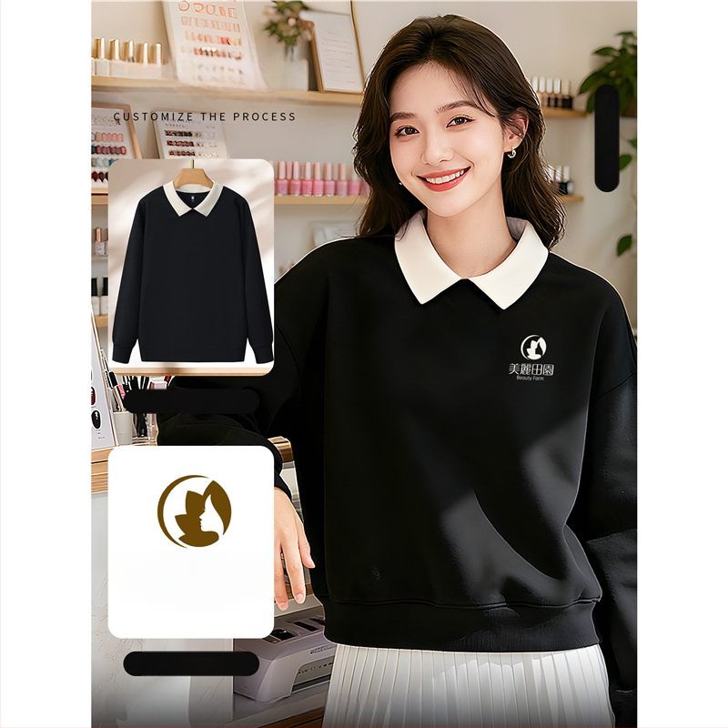 Costum de lucru pentru cosmeticieni de înaltă calitate — hanorac cu logo pentru saloanele de unghii și înfrumusețare, toamnă–iarnă, guler din blană, mâneci lungi. Material principal: spandex; conținut sub 30%; protecție anti-murdărire și dezinfectare.