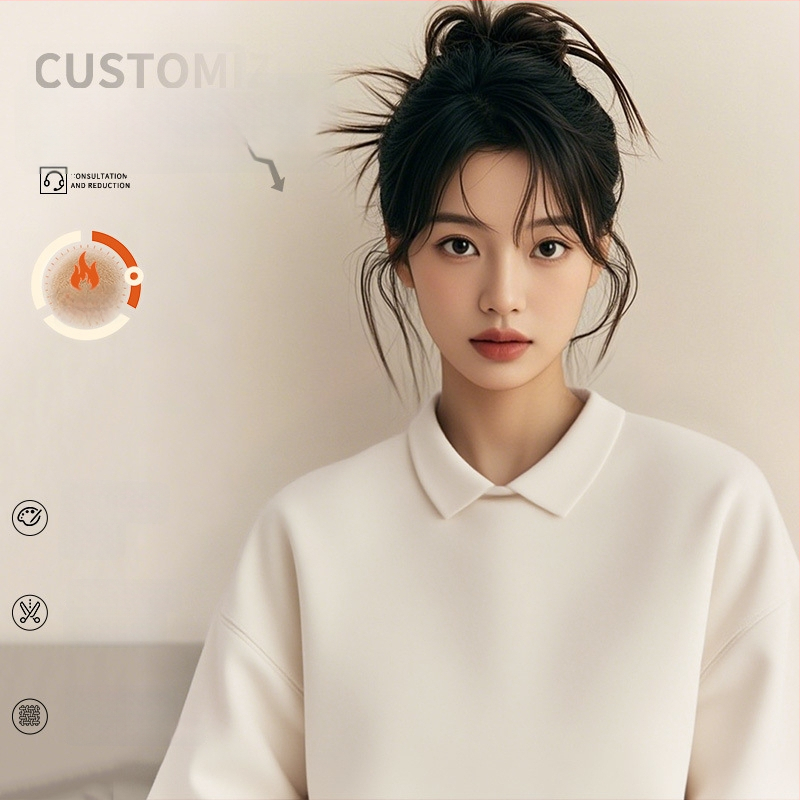 Costum de lucru pentru cosmeticieni de înaltă calitate — hanorac cu logo pentru saloanele de unghii și înfrumusețare, toamnă–iarnă, guler din blană, mâneci lungi. Material principal: spandex; conținut sub 30%; protecție anti-murdărire și dezinfectare.