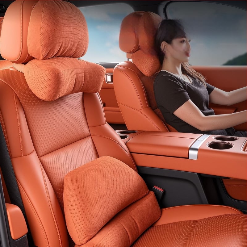 Автомобилен подглавник за шията с лумбална опора – универсален, еленска кожа, биокотон пълнител, за всички сезони, оригинален стил