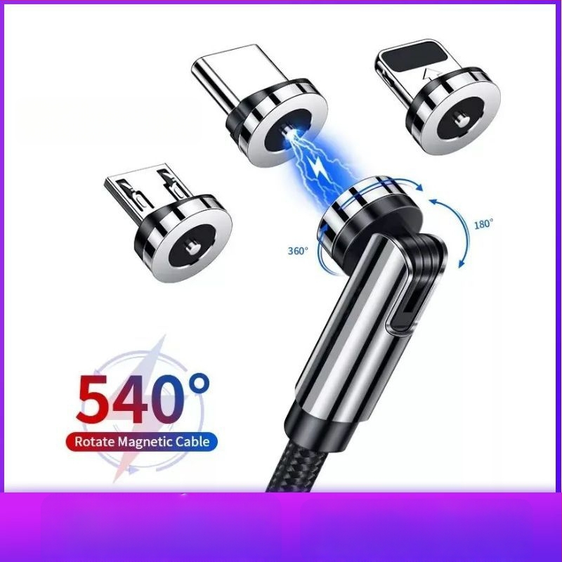 Μαγνητικό καλώδιο δεδομένων με περιστρεφόμενη κεφαλή 540°, υποστηρίζει Lightning, Micro USB και Type-C, γρήγορη φόρτιση έως 2A, υφαντή σχεδίαση