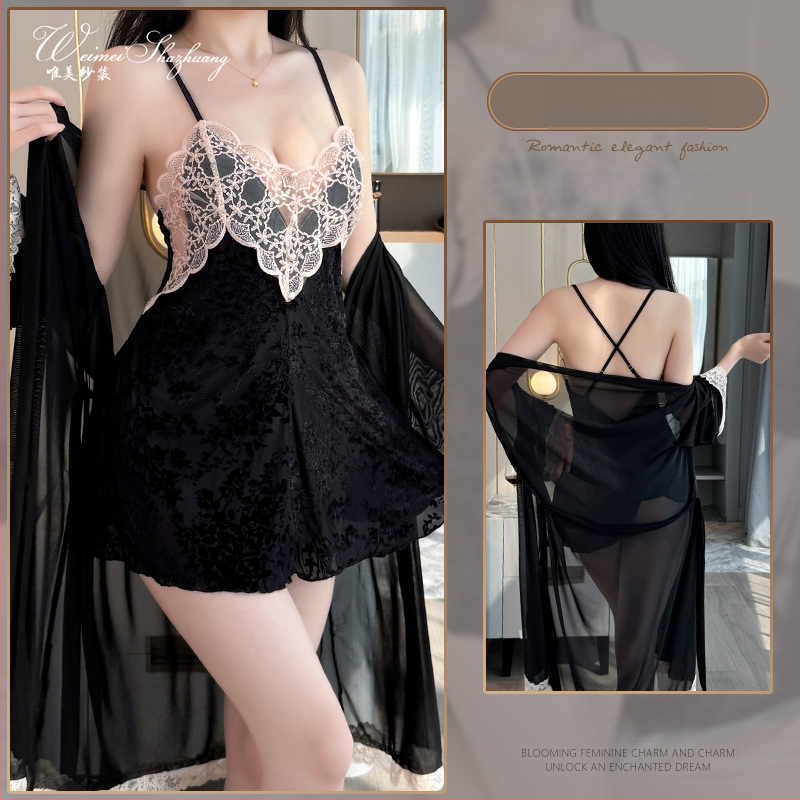 Bársonyas camisole-stílusú hálóing, V-nyakkal, fodros ujjak, szoknyahossz