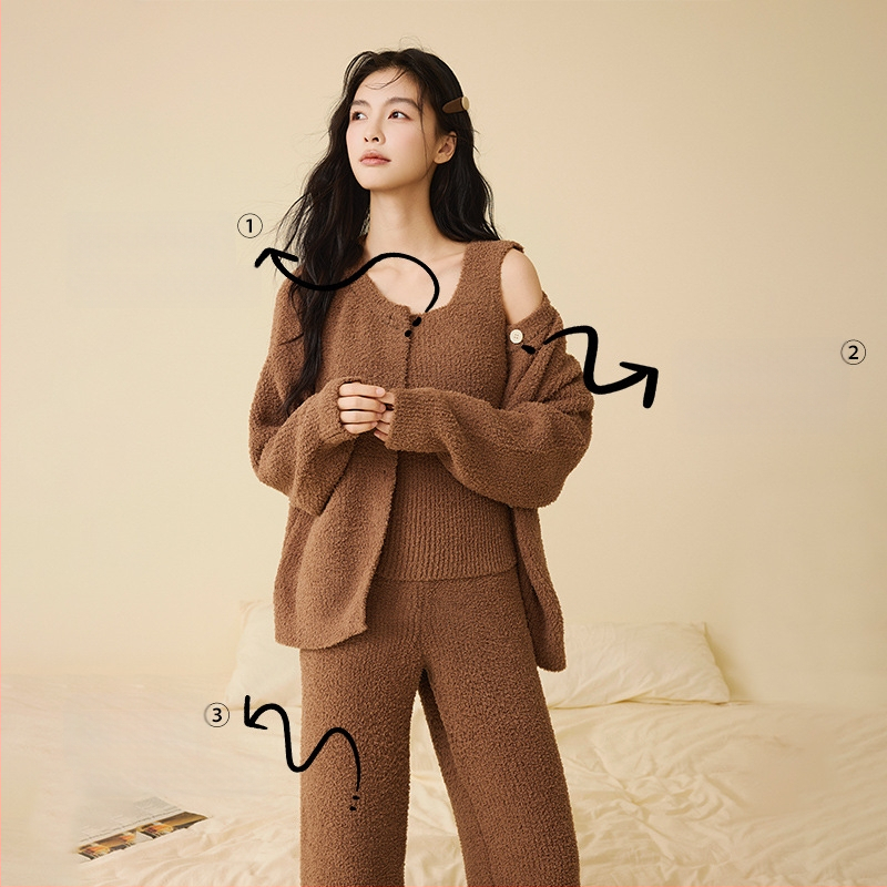 Sieviešu pusvelūra pidžamu komplekts, Korejas stilā, trīs daļas, apaļš kakla izgriezums, garas piedurknes, bikses, var nēsāt ārpus telpām