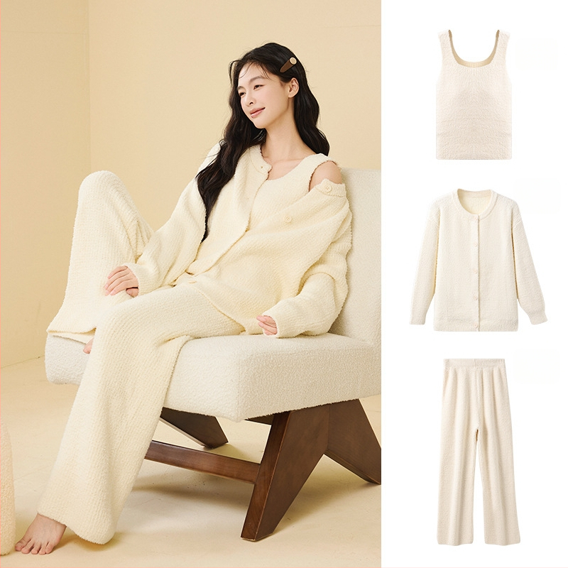 Sieviešu pusvelūra pidžamu komplekts, Korejas stilā, trīs daļas, apaļš kakla izgriezums, garas piedurknes, bikses, var nēsāt ārpus telpām