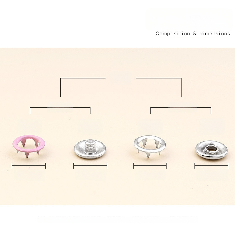 Комплект инструмент за монтаж на копчета с пет зъба – сплавен материал, пет зъб копче, за палта, дънки, ризи и панталони; опаковка 100 бр.