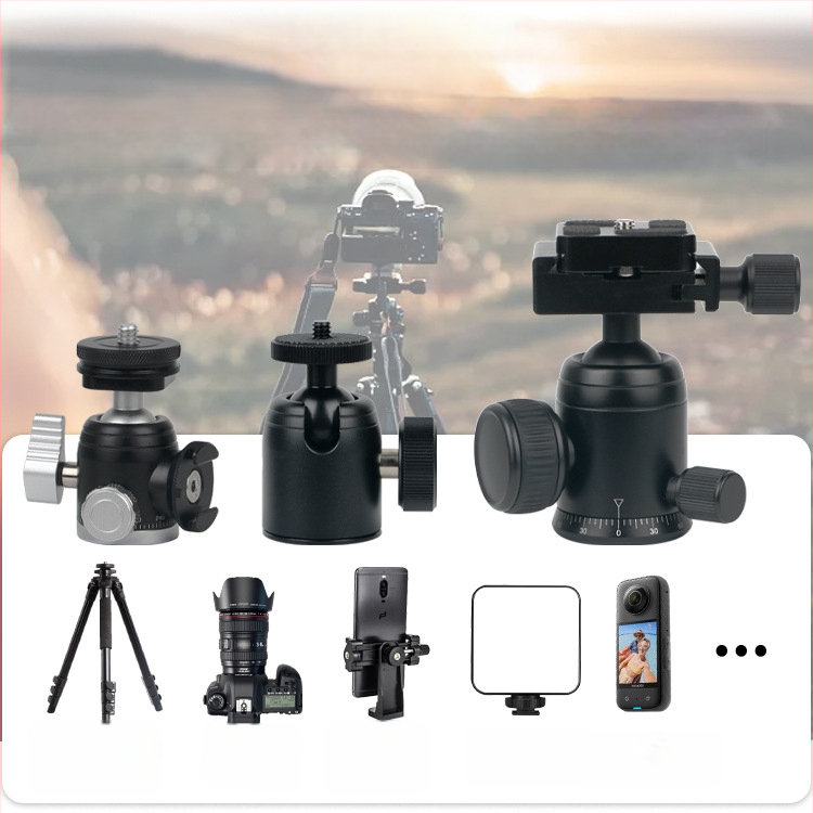 Alumīnija sakausējuma lodes galva DSLR statīvam, 360° horizontāla griešanās, 90° vertikāla griešanās, skrūvju stiprinājums, svars 0,11 kg, saderīgs ar Yajia