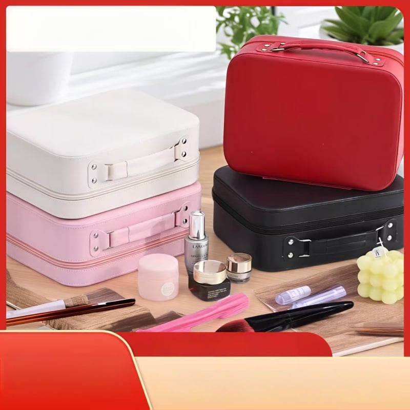 Geantă de machiaj din PU, impermeabilă, portabilă, cu capacitate extensibilă, închidere cu fermoar