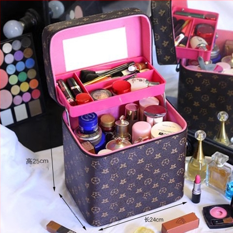 Чанта за грим с огледало, голям капацитет, разширяемо отделение, отваряне с цип, заключваща се