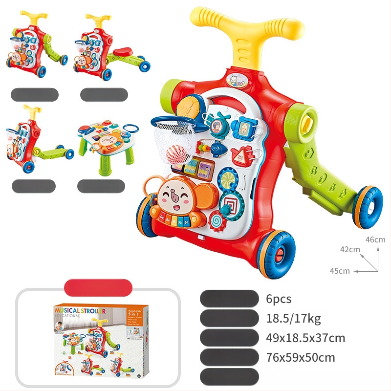 5-in-1 vaikiškas žingsnių žaislas: daugiafunkcinis vaikštynės vežimėlis, plastikinė konstrukcija, tinkamas 0–3 metų amžiui