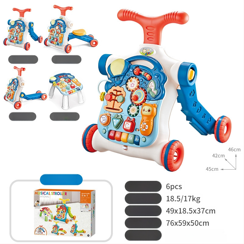 5-in-1 vaikiškas žingsnių žaislas: daugiafunkcinis vaikštynės vežimėlis, plastikinė konstrukcija, tinkamas 0–3 metų amžiui