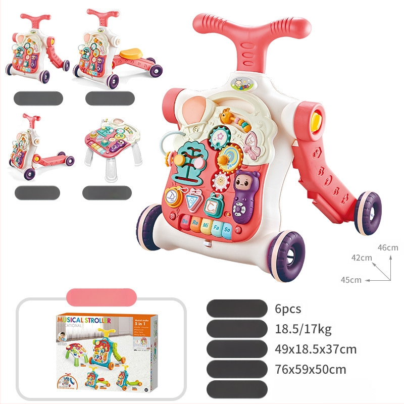 5-in-1 vaikiškas žingsnių žaislas: daugiafunkcinis vaikštynės vežimėlis, plastikinė konstrukcija, tinkamas 0–3 metų amžiui